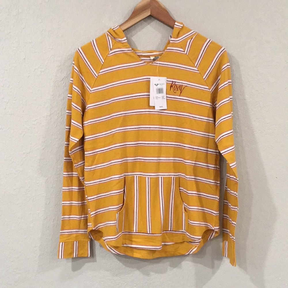 NEW Roxy Girl Sz XXL 16 Hoodie Sweater Yellow Striped‎ Knit Embroidered School
